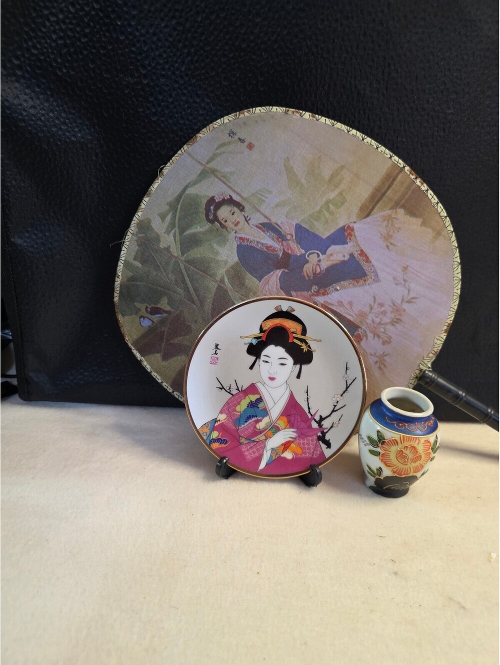 Vintage Japanese Geisha Decor Set Fan Plate Mini Bud Vase Hand Painted Japan